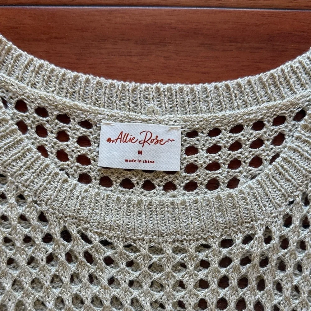 Allie Rose Beige Gold Sleeveless Mesh Top Open Weave Knit Size Medium - Picture 2 of 6